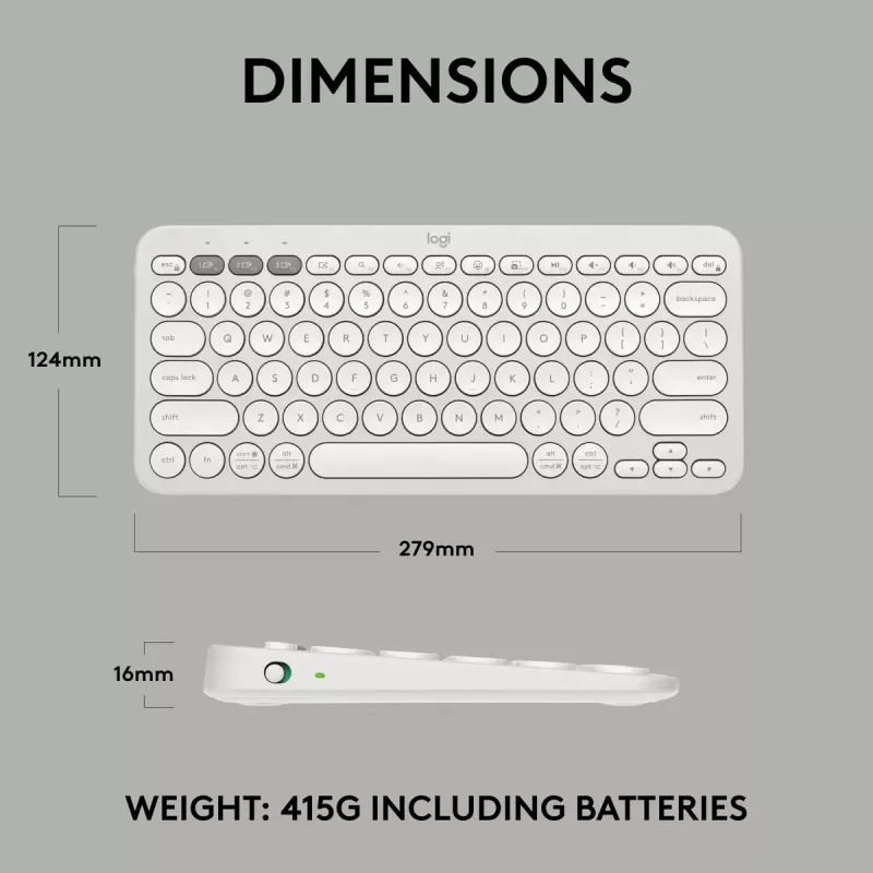 Kompaktiška mini klaviatūra Logitech Pebble Keys 2 K380s – RF belaidė + Bluetooth, QWERTY US International, balta