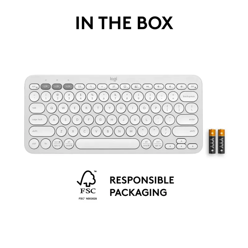 Kompaktiška mini klaviatūra Logitech Pebble Keys 2 K380s – RF belaidė + Bluetooth, QWERTY US International, balta