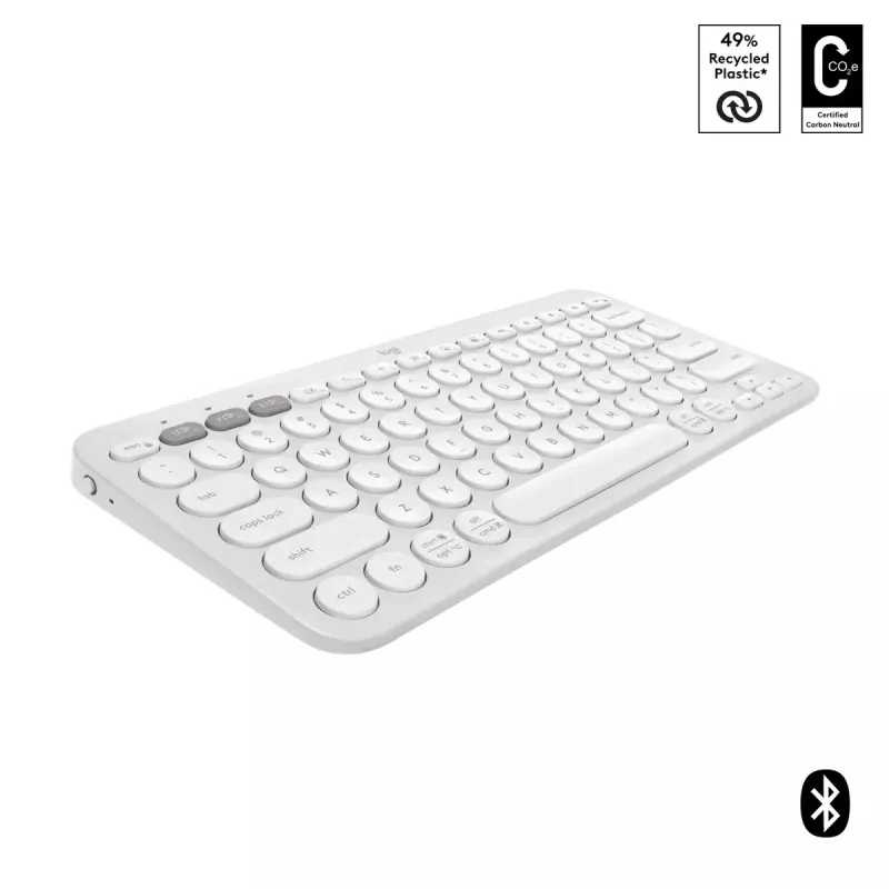 Kompaktiška mini klaviatūra Logitech Pebble Keys 2 K380s – RF belaidė + Bluetooth, QWERTY US International, balta