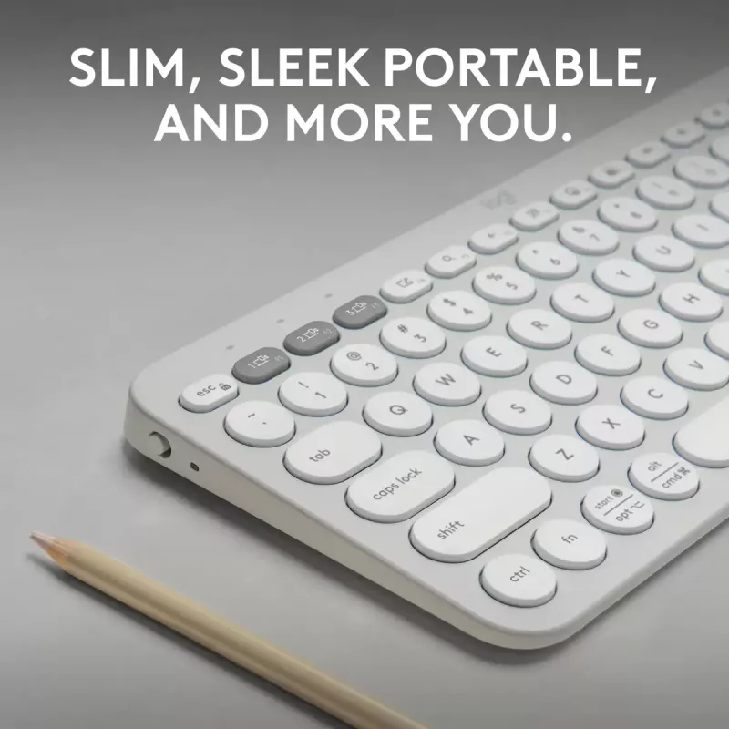Kompaktiška mini klaviatūra Logitech Pebble Keys 2 K380s – RF belaidė + Bluetooth, QWERTY US International, balta