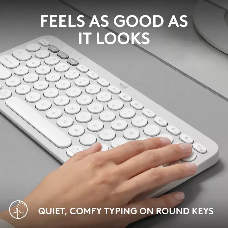 Kompaktiška mini klaviatūra Logitech Pebble Keys 2 K380s – RF belaidė + Bluetooth, QWERTY US International, balta