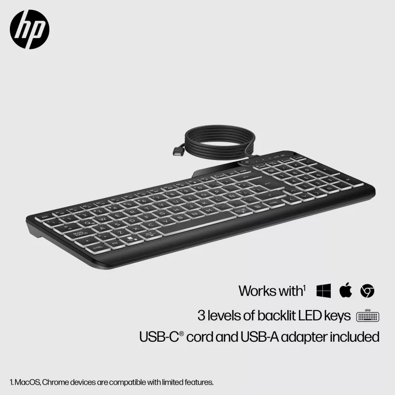HP 405 belaidė apšviesta klaviatūra, viso dydžio (100%), laidinė, USB, membraninė, QWERTY, juoda