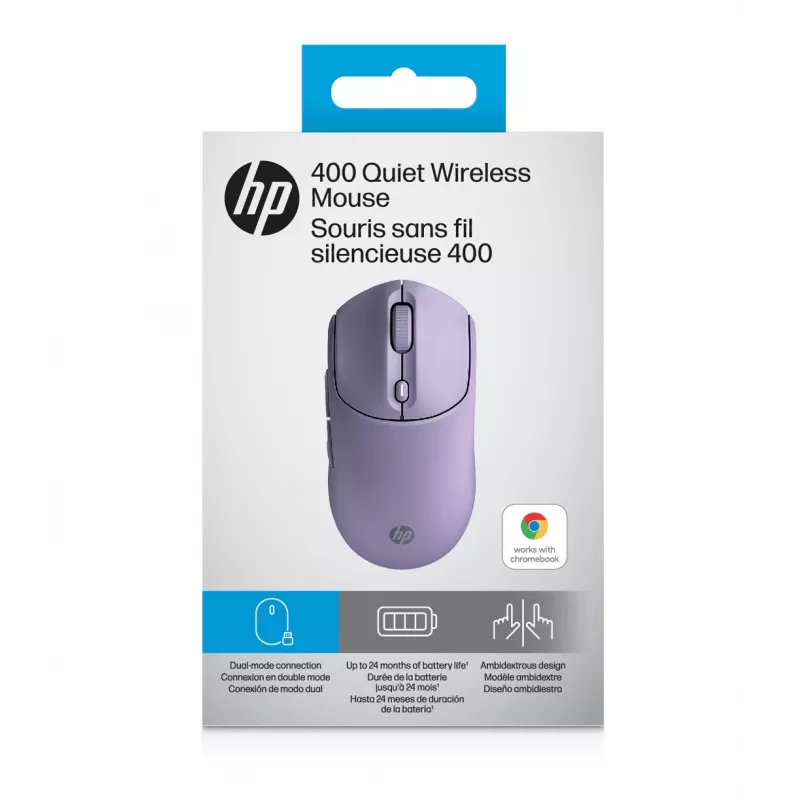 HP 400 Tylioji belaidė pelė, violetinė, ambidekstrinė, RF belaidis + Bluetooth, 6000 DPI