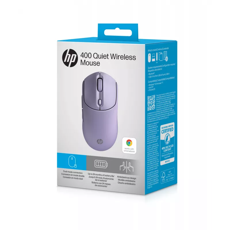 HP 400 Tylioji belaidė pelė, violetinė, ambidekstrinė, RF belaidis + Bluetooth, 6000 DPI