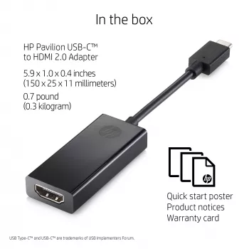 HP USB-C į HDMI 2.0 adapteris juodas 111.2 mm plotis 44.2 mm gylis 17.1 mm aukštis