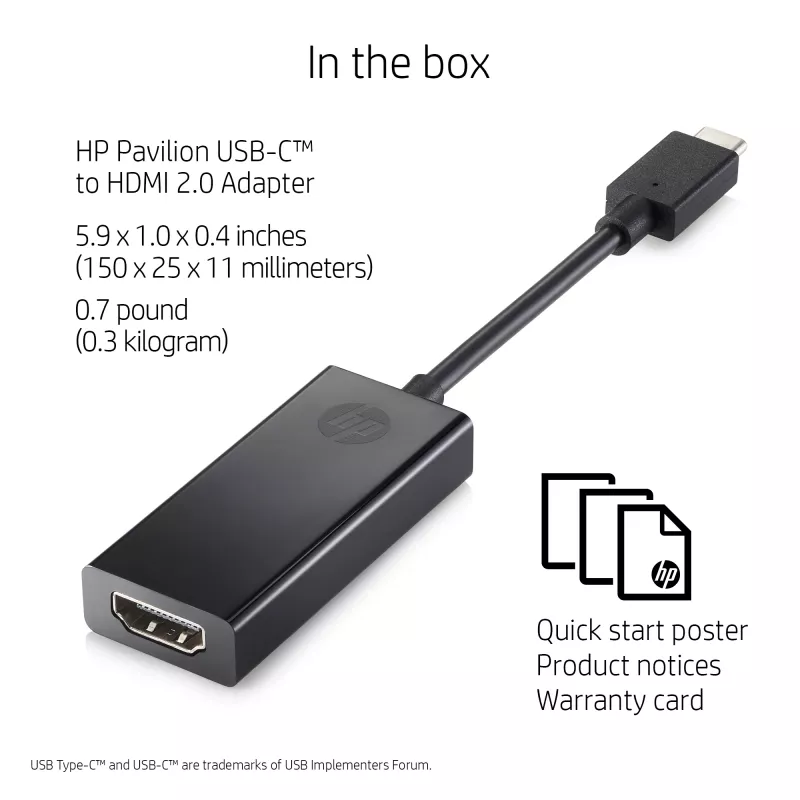 HP USB-C į HDMI 2.0 adapteris juodas 111.2 mm plotis 44.2 mm gylis 17.1 mm aukštis