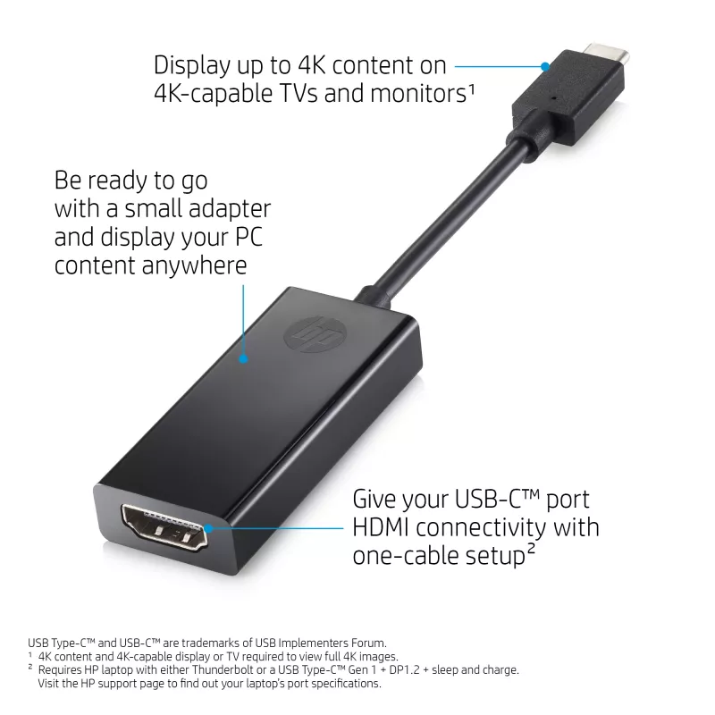 HP USB-C į HDMI 2.0 adapteris juodas 111.2 mm plotis 44.2 mm gylis 17.1 mm aukštis