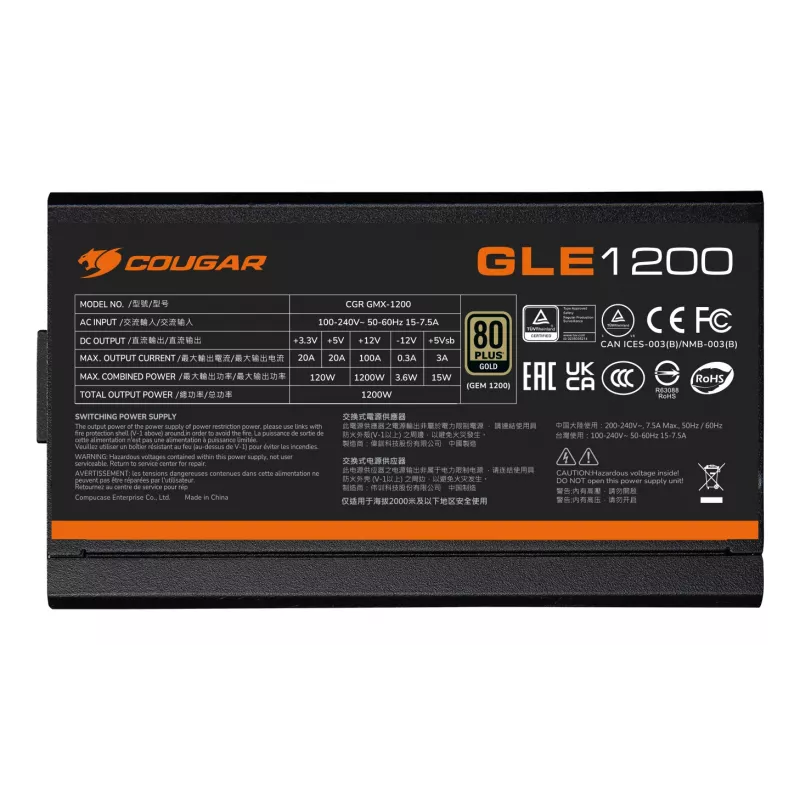 COUGAR GLE 1000W ATX 3.1 maitinimo šaltinis, 80 PLUS Gold, 100–240 V, 50/60 Hz, 20+4 kontaktų ATX, 135 mm ventiliatorius, juodas