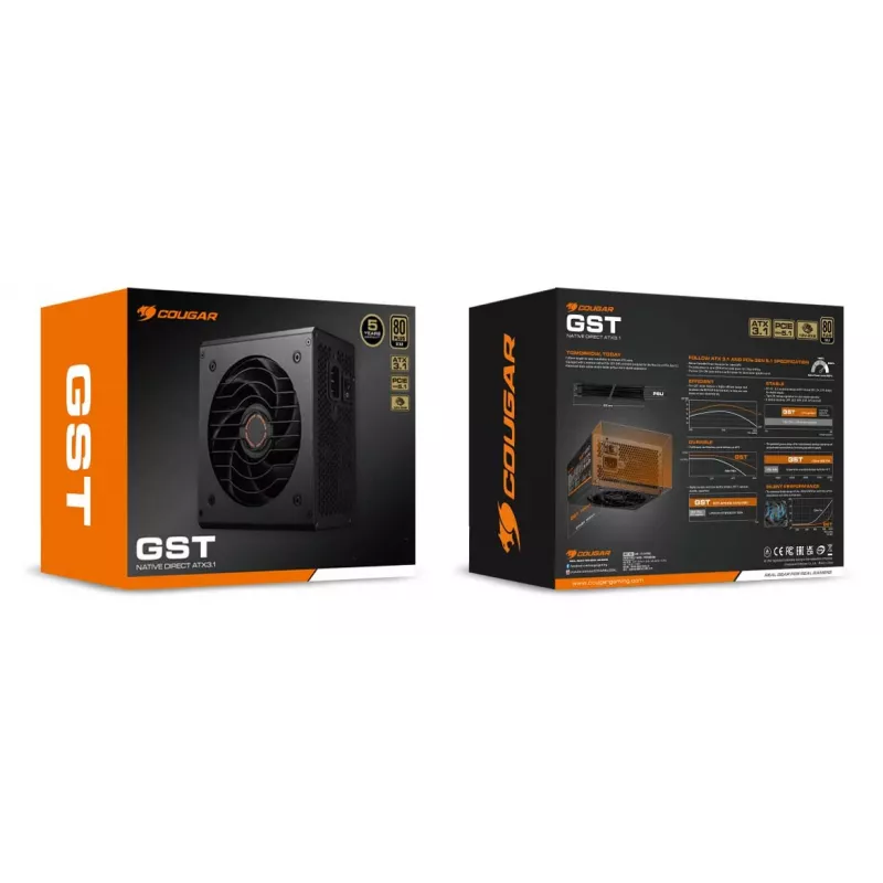 COUGAR maitinimo blokas GST 750W ATX3.1 / 80 Plus Gold, 750 W, 100-240 V, 50/60 Hz, 10-5 A, 120 W, 750 W