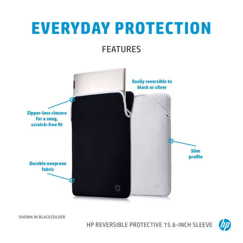 HP Reversible Protective 15.6 colių sidabrinis nešiojamojo kompiuterio dėklas, 190 g