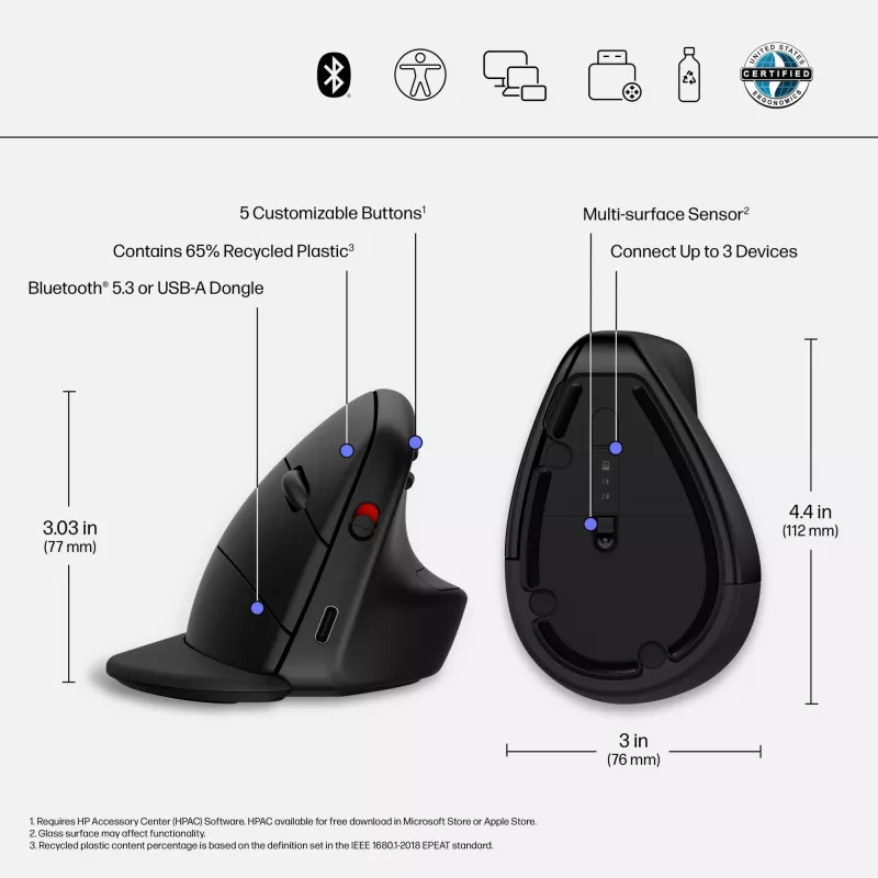 HP 920 ergonominė vertikali belaidė pelė, dešinei rankai, Bluetooth + USB Type-A, 4000 DPI, juoda