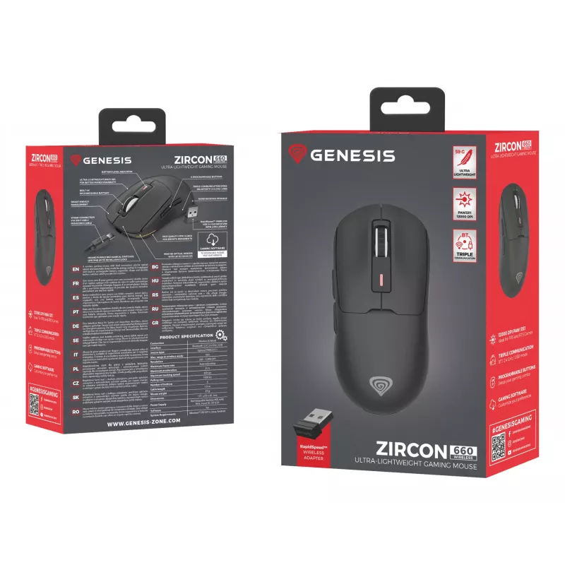 GENESIS Zircon 660 pelė žaidimams Dešinei rankai RF belaidis + Bluetooth + USB-A Optinė 12000 DPI