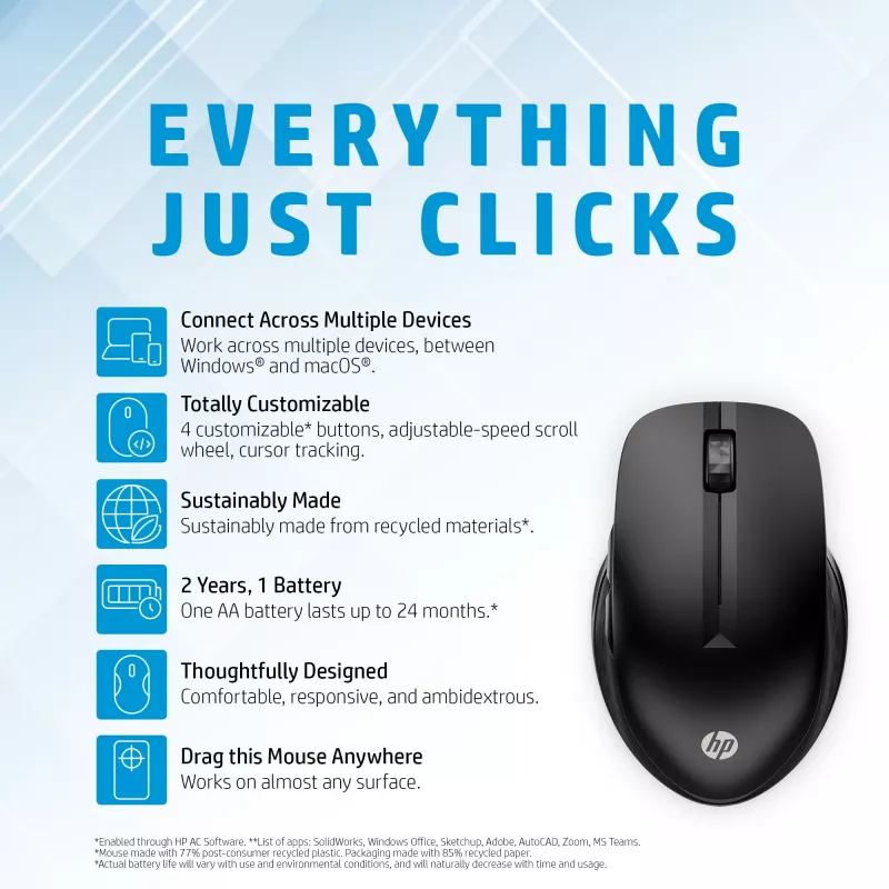 HP 430 belaidė pelė keliems įrenginiams, ambidekstrinė, optinė, RF belaidis + Bluetooth, 1200 DPI, juoda
