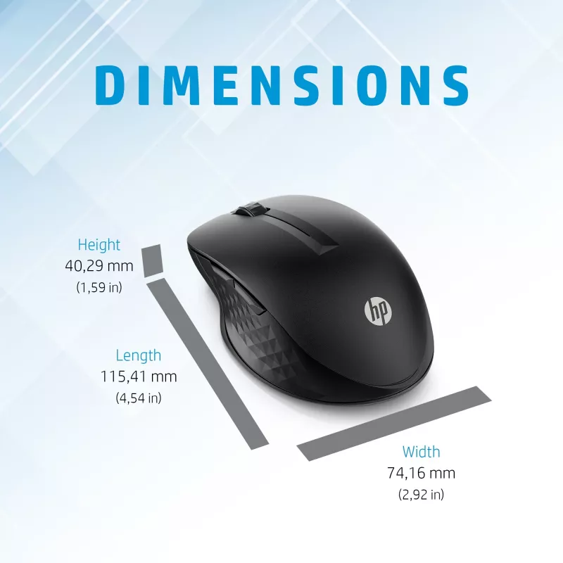 HP 430 belaidė pelė keliems įrenginiams, ambidekstrinė, optinė, RF belaidis + Bluetooth, 1200 DPI, juoda