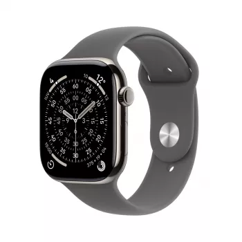 APPLE Watch Series 11 GPS + Cellular 42mm natūralaus titano korpusas su pilkai smėlio spalvos sportiniu dirželiu S/M