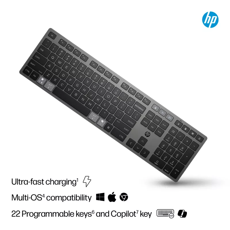 HP 725 belaidė klaviatūra, įkraunama, RF + Bluetooth, pilno dydžio, juoda