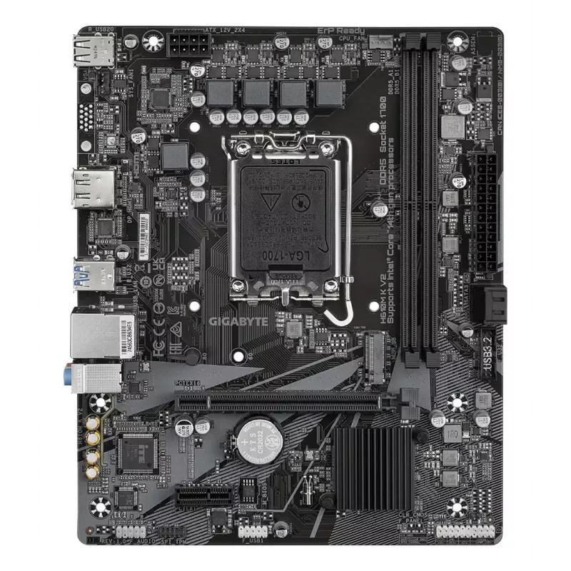 GIGABYTE H610M K V2 pagrindinė plokštė – Intel Core 14-os kartos CPU, iki 5600MHz DDR5, 1xPCIe 3.0 M.2, 1GbE LAN, USB 3.2 Gen 1