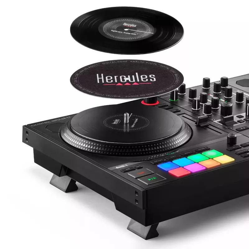 Hercules INPULSE T7 Black DJ valdiklis – 3,5 mm / 6,35 mm ausinių lizdai, USB laidas, 652×350×90 mm
