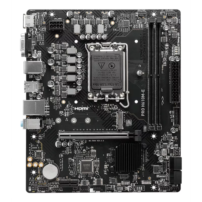 Pagrindinė plokštė MSI PRO H610M-E — Intel H610, LGA 1700, micro ATX, DDR5, 2x DIMM, max 96 GB, 2.5Gb LAN, HDMI, 4x SATA III