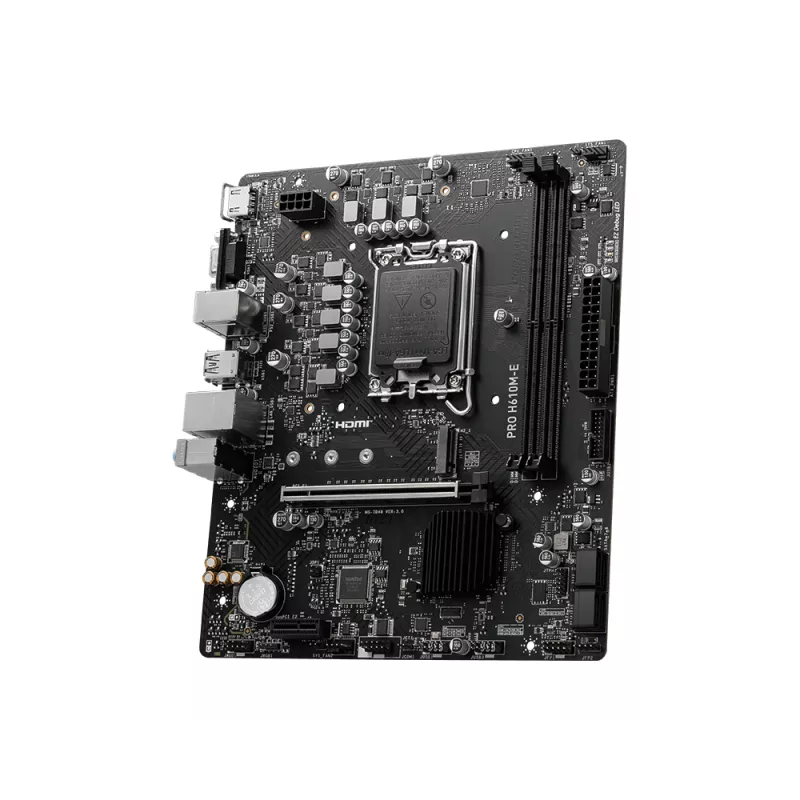 Pagrindinė plokštė MSI PRO H610M-E — Intel H610, LGA 1700, micro ATX, DDR5, 2x DIMM, max 96 GB, 2.5Gb LAN, HDMI, 4x SATA III