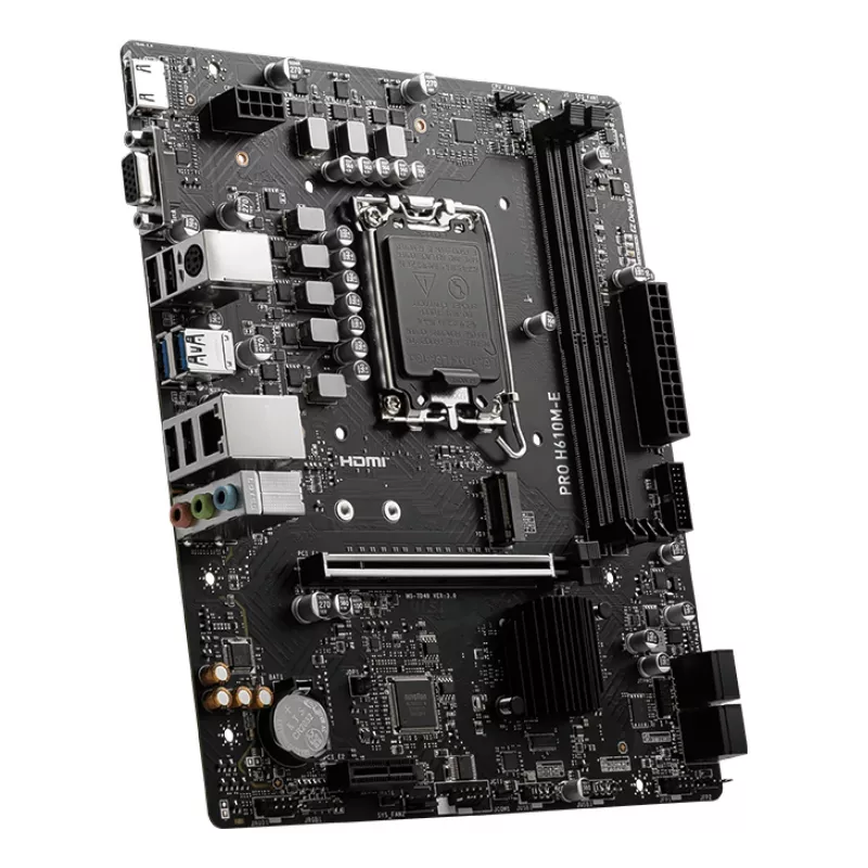 Pagrindinė plokštė MSI PRO H610M-E — Intel H610, LGA 1700, micro ATX, DDR5, 2x DIMM, max 96 GB, 2.5Gb LAN, HDMI, 4x SATA III