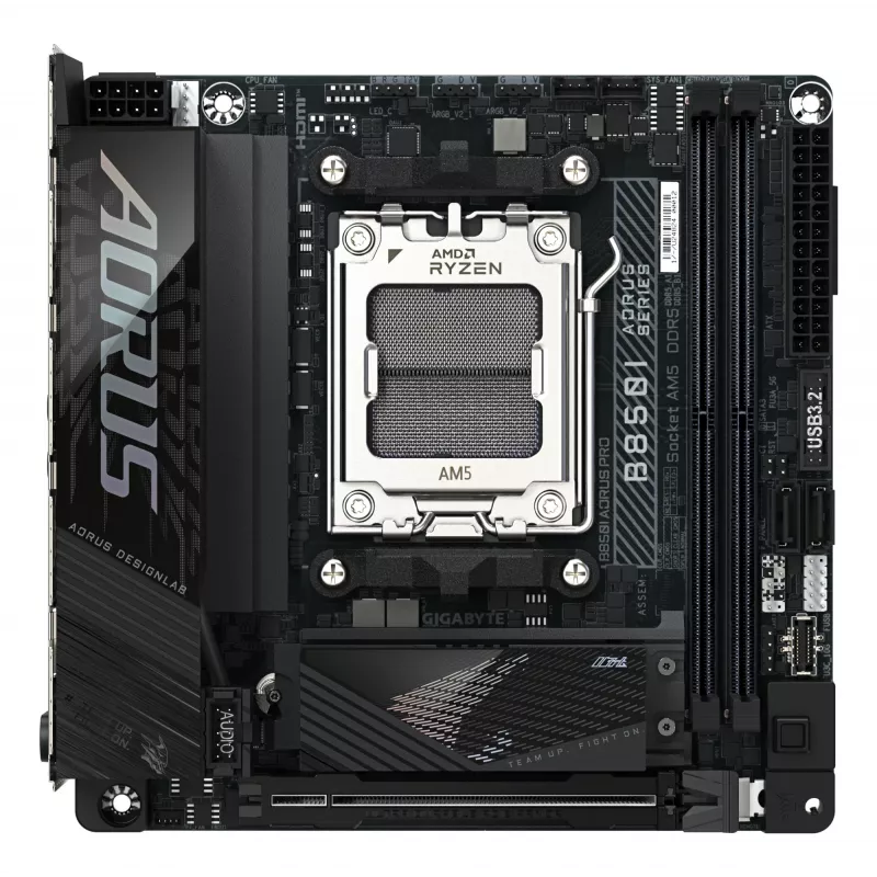 GIGABYTE B850I AORUS PRO pagrindinė plokštė – AMD Ryzen 9000 serijos, 8+2+1 fazių skaitmeninis VRM, iki 8400MHz DDR5 (OC), 1xPCIe 5.0 + 1xPCIe 4.0 M.2, 2.5LAN, WIFI 7, USB 3.2 Gen 2