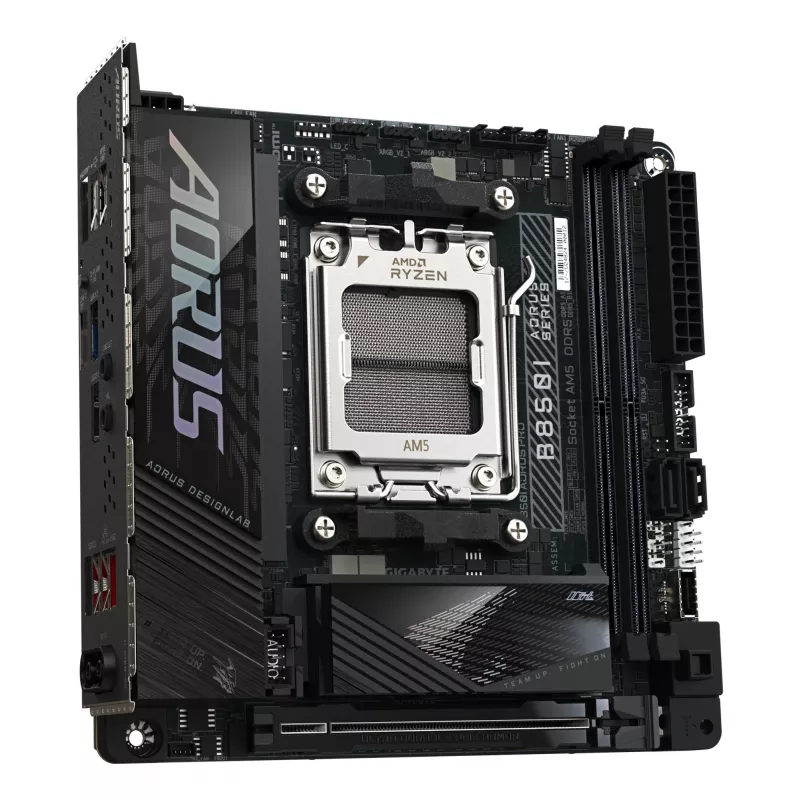 GIGABYTE B850I AORUS PRO pagrindinė plokštė – AMD Ryzen 9000 serijos, 8+2+1 fazių skaitmeninis VRM, iki 8400MHz DDR5 (OC), 1xPCIe 5.0 + 1xPCIe 4.0 M.2, 2.5LAN, WIFI 7, USB 3.2 Gen 2