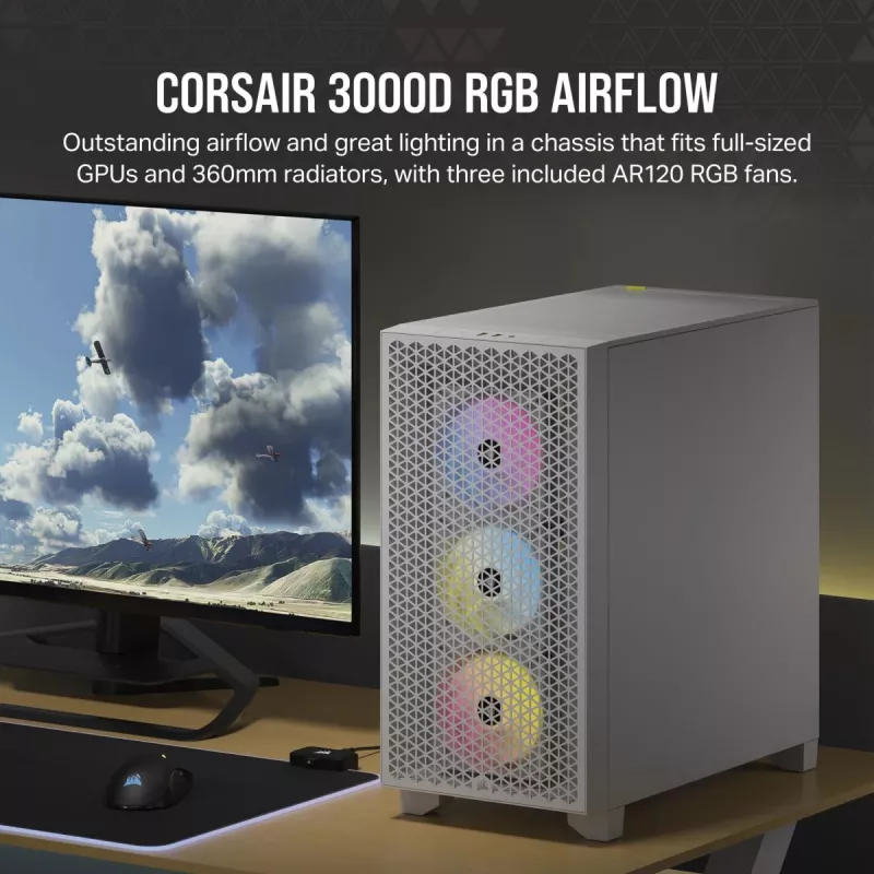 CORSAIR 3000D RGB Airflow Baltas vidutinis bokštas ATX korpusas