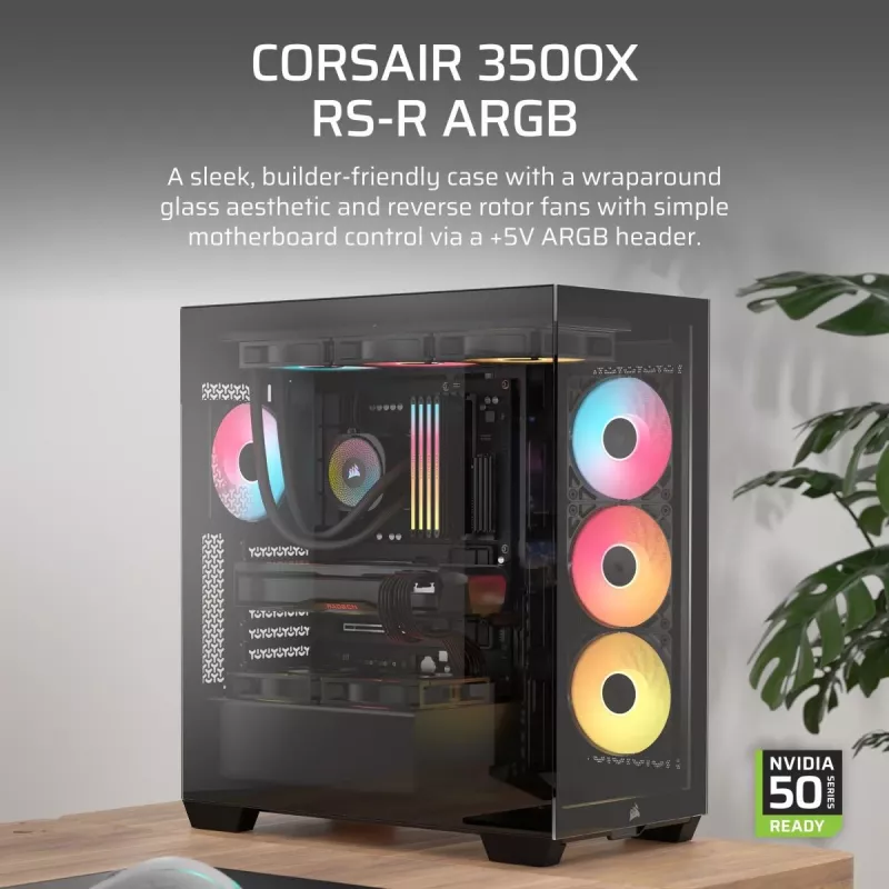 PC korpusas CORSAIR 3500X RS-R ARGB – juodas, grūdintas stiklas, tinka ATX/EATX/Micro-ITX, 3x120 mm priekiniai ventiliatoriai
