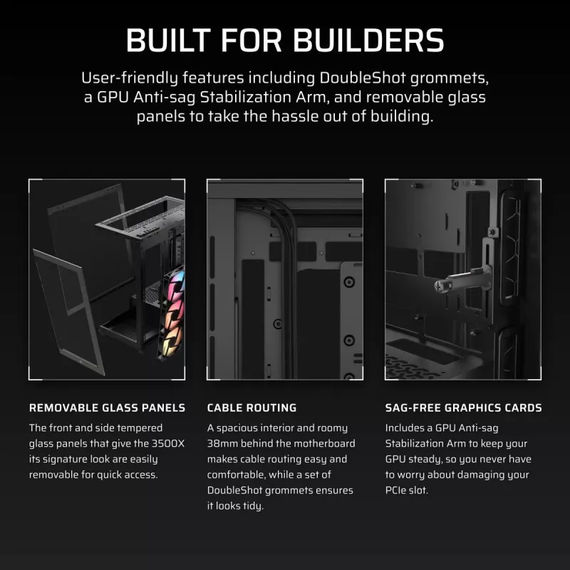 PC korpusas CORSAIR 3500X RS-R ARGB – juodas, grūdintas stiklas, tinka ATX/EATX/Micro-ITX, 3x120 mm priekiniai ventiliatoriai