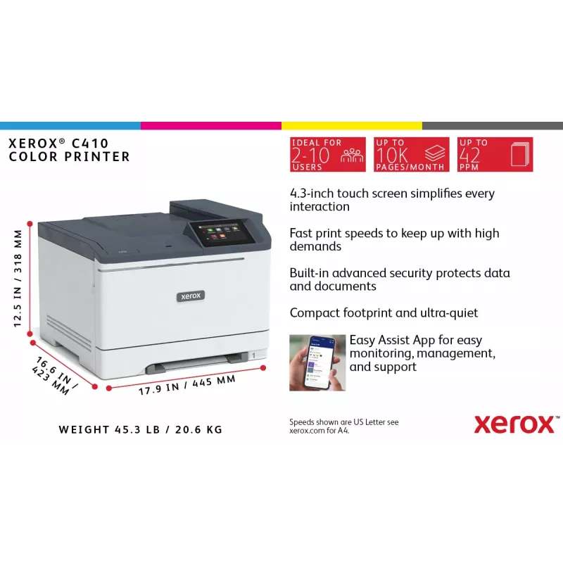 Xerox C410 A4 spalvotas lazerinis spausdintuvas, 40 ppm, automatinis dvipusis spausdinimas, PS3, PCL5e/6, 2 padėklai, 251 lapas