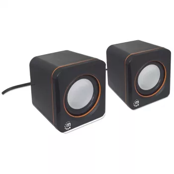 Manhattan 2600 Series garsiakalbių sistema, mažas dydis, didelis garsas, du garsiakalbiai, stereo, USB maitinimas, išėjimas: 2x 3W, 3,5 mm lizdas garsui, įmontuotas garsumo valdymas, kabelis 0,9 m, juoda, trejų metų garantija