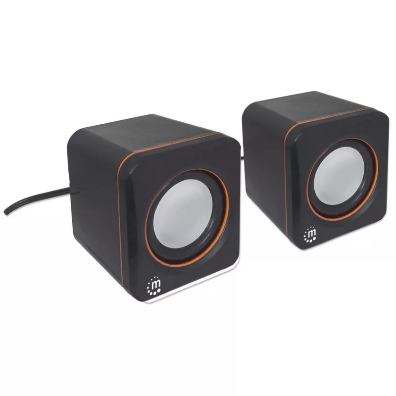 Manhattan 2600 Series garsiakalbių sistema, mažas dydis, didelis garsas, du garsiakalbiai, stereo, USB maitinimas, išėjimas: 2x 3W, 3,5 mm lizdas garsui, įmontuotas garsumo valdymas, kabelis 0,9 m, juoda, trejų metų garantija