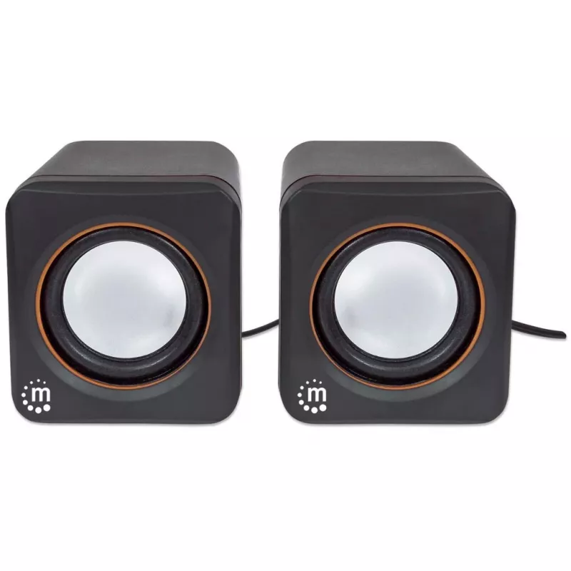 Manhattan 2600 Series garsiakalbių sistema, mažas dydis, didelis garsas, du garsiakalbiai, stereo, USB maitinimas, išėjimas: 2x 3W, 3,5 mm lizdas garsui, įmontuotas garsumo valdymas, kabelis 0,9 m, juoda, trejų metų garantija