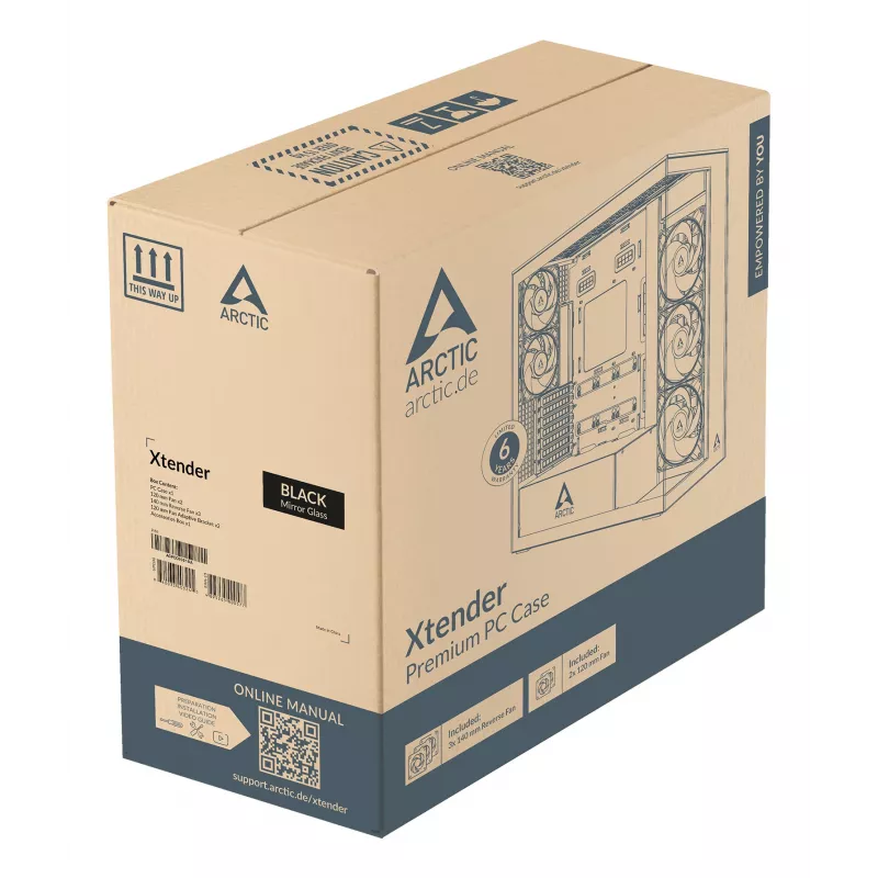 ARCTIC Xtender VG (Mirror Black) Premium E-ATX kompiuterio korpusas su vertikaliu vaizdo plokštės montavimu