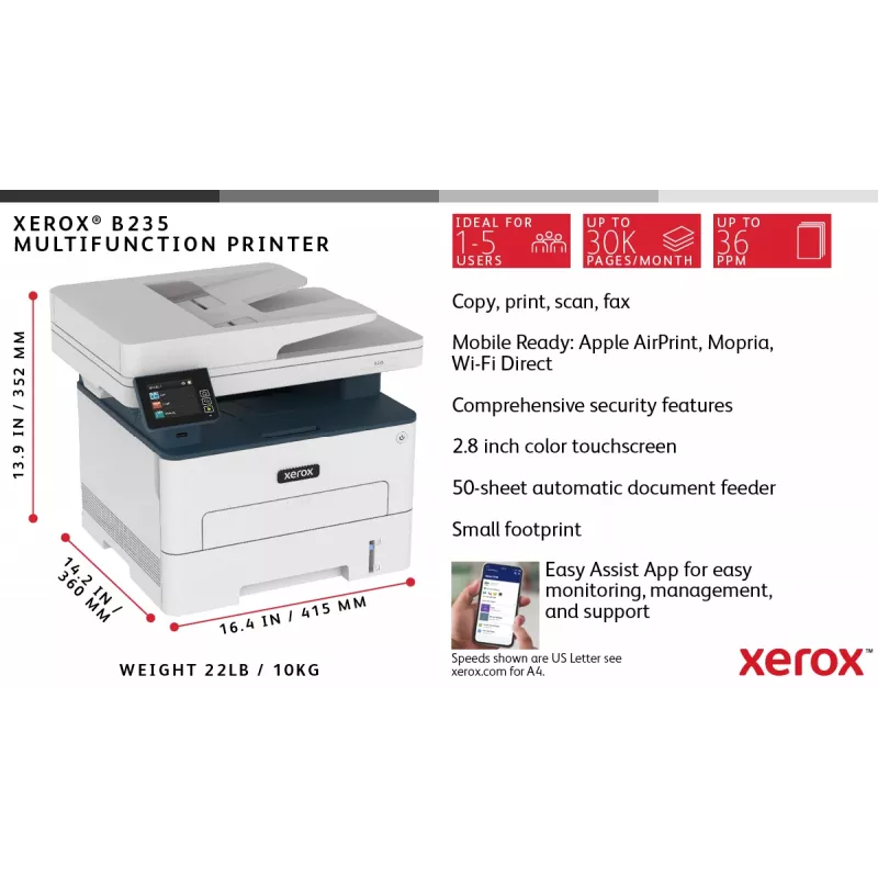 Xerox B235 A4 34ppm belaidis daugiafunkcis spausdintuvas su kopijavimu, skenavimu, faksu, PS3, PCL5e/6, ADF, 2 padėklai, 251 lapas