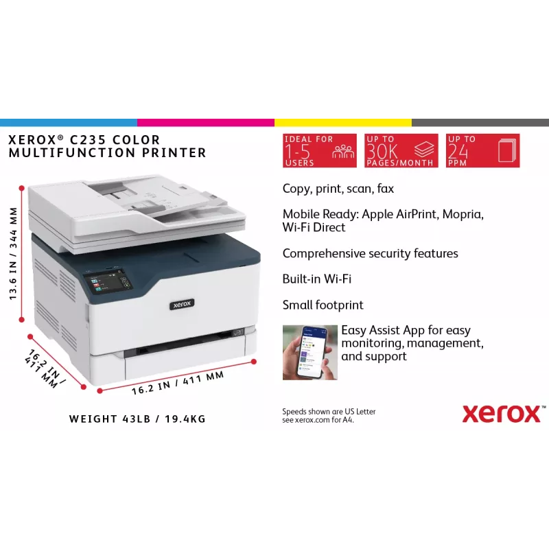 Xerox C235 A4 spalvotas daugiafunkcis spausdintuvas, 22 ppm, belaidis, kopijavimas/spausdinimas/nuskaitymas/faksas, PS3, PCL5e/6, ADF, 2 padėklai, 251 lapas