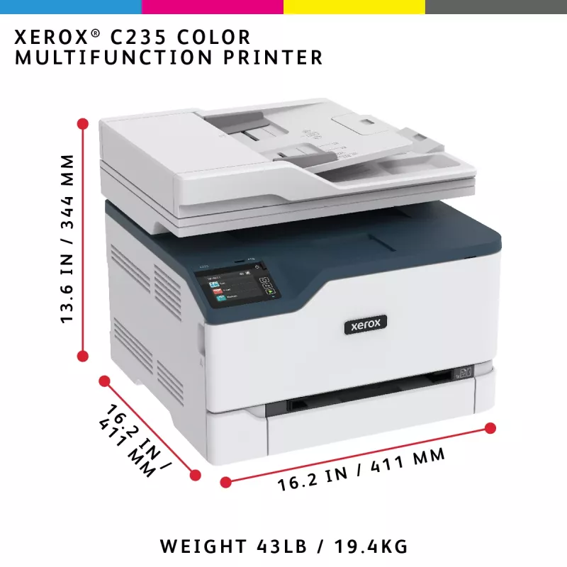 Xerox C235 A4 spalvotas daugiafunkcis spausdintuvas, 22 ppm, belaidis, kopijavimas/spausdinimas/nuskaitymas/faksas, PS3, PCL5e/6, ADF, 2 padėklai, 251 lapas