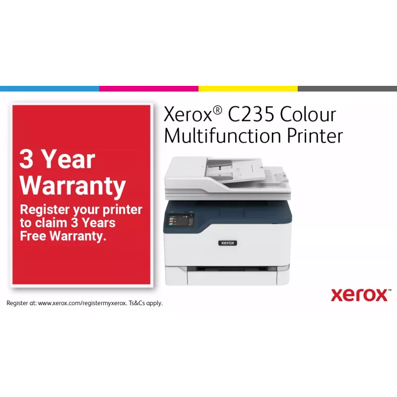 Xerox C235 A4 spalvotas daugiafunkcis spausdintuvas, 22 ppm, belaidis, kopijavimas/spausdinimas/nuskaitymas/faksas, PS3, PCL5e/6, ADF, 2 padėklai, 251 lapas