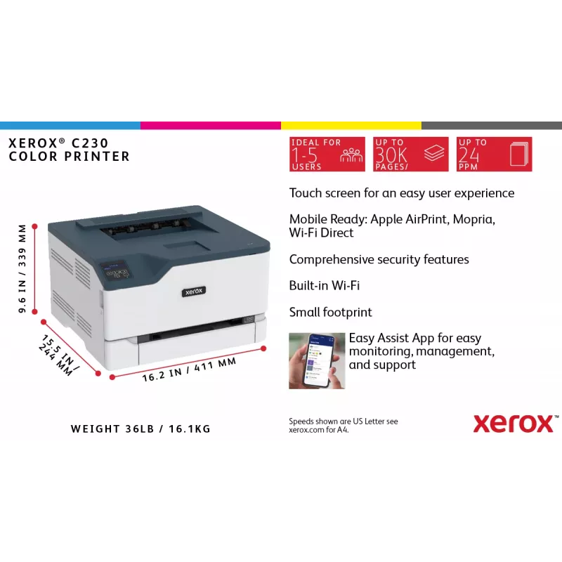 Xerox C230 A4 22ppm belaidis spausdintuvas su dvipuse spauda, PS3, PCL5e/6, 2 padėklai, 251 lapas