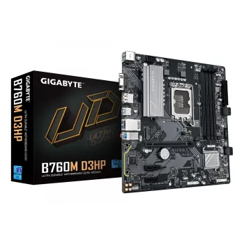 GIGABYTE B760M D3HP pagrindinė plokštė – Intel Core 14-os kartos procesoriams, 4+1+1 VRM fazės, iki 5600MHz DDR5, 2xPCIe 4.0 M.2, GbE LAN, USB 3.2 Gen 1