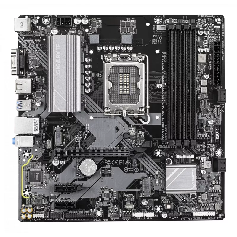 GIGABYTE B760M D3HP pagrindinė plokštė – Intel Core 14-os kartos procesoriams, 4+1+1 VRM fazės, iki 5600MHz DDR5, 2xPCIe 4.0 M.2, GbE LAN, USB 3.2 Gen 1