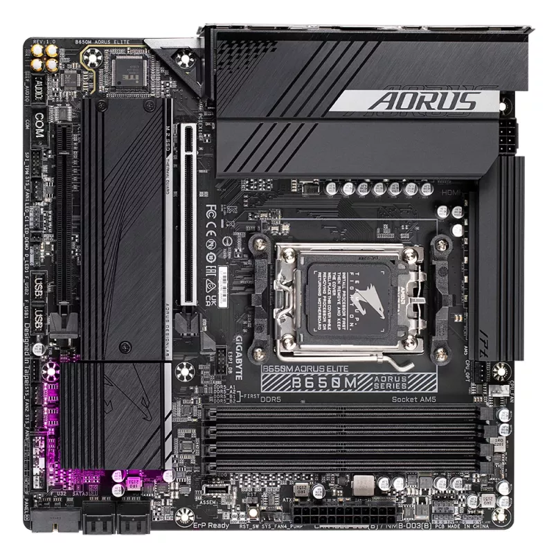 GIGABYTE B650M AORUS ELITE pagrindinė plokštė - AMD Ryzen 9000 CPU, 12+2+2 fazių VRM, iki 8000MHz DDR5, 1xPCIe 5.0 + 1xPCIe 4.0 M.2, 2.5GbE LAN, USB 3.2 Gen 2x2