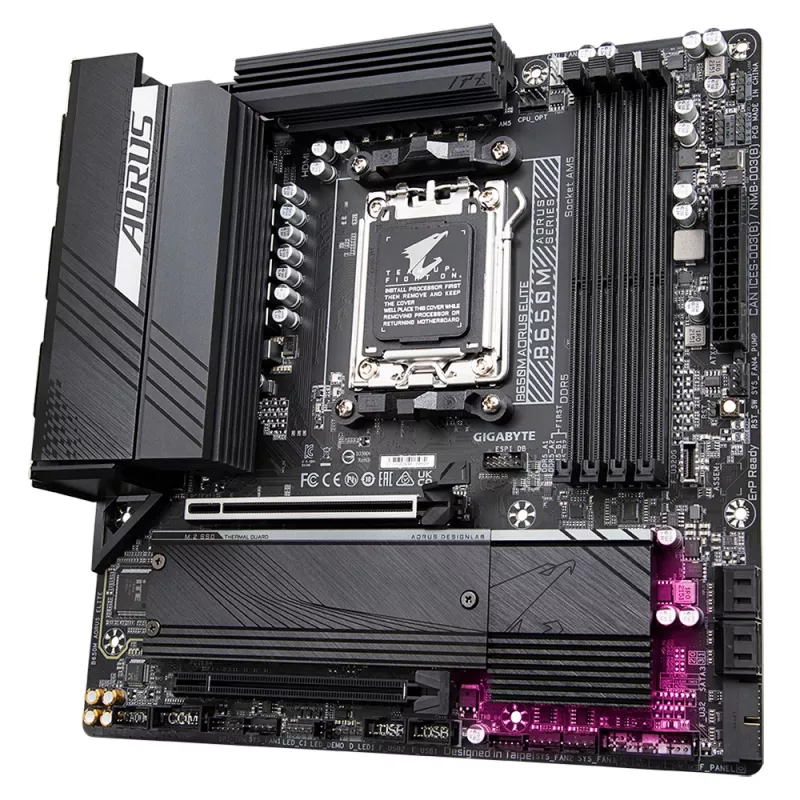GIGABYTE B650M AORUS ELITE pagrindinė plokštė - AMD Ryzen 9000 CPU, 12+2+2 fazių VRM, iki 8000MHz DDR5, 1xPCIe 5.0 + 1xPCIe 4.0 M.2, 2.5GbE LAN, USB 3.2 Gen 2x2