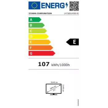 iiyama LH7565UHSB-B1 Signage ekranas su kiosko dizainu 189,2 cm (74,5 colio) LED Wi-Fi 800 cd/m² 4K Ultra HD juodas, integruotas procesorius Android 11, 24/7