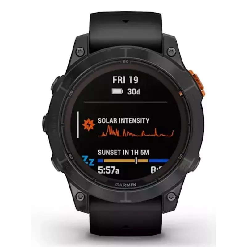Išmanusis laikrodis GARMIN fēnix 7 Pro Solar Edition — 47 mm korpusas, 1,3 colio MIP jutiklinis ekranas, 32 GB, GPS, Wi‑Fi, Bluetooth, juodas silikoninis dirželis