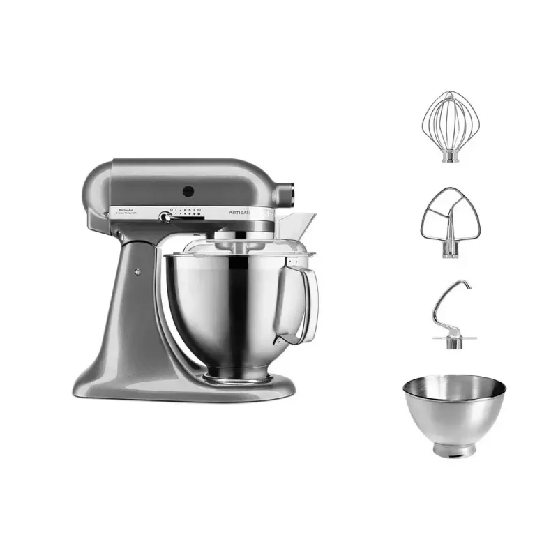 Standinis maišytuvas KITCHENAID ARTISAN 5KSM185PS — 300 W, 4,8 L nerūdijančio plieno dubuo, 10 greičių, sidabrinis