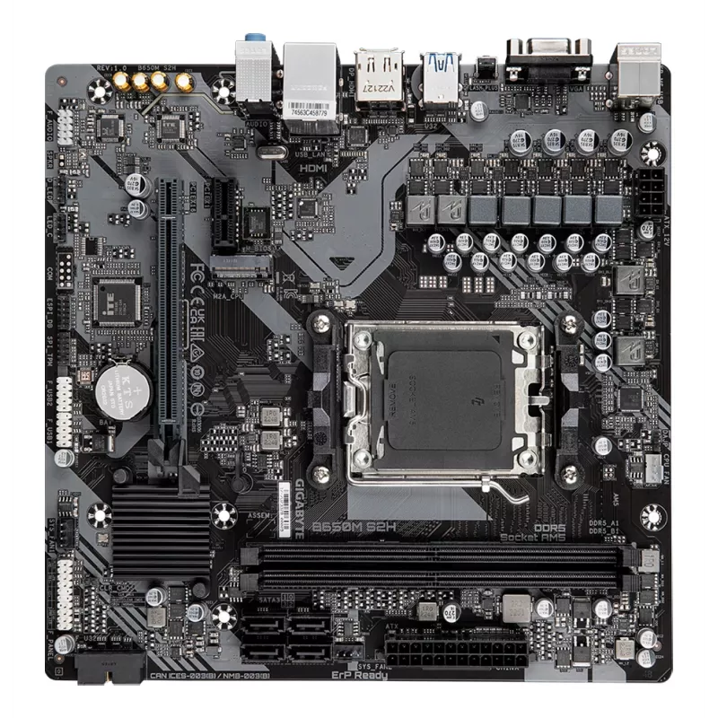 Pagrindinė plokštė GIGABYTE B650M S2H, AMD Ryzen 9000 serijos CPU, 5+2+2 fazių VRM, iki 6400MHz DDR5 (OC), 1xPCIe 4.0 M.2, GbE LAN, USB 3.2 Gen 1