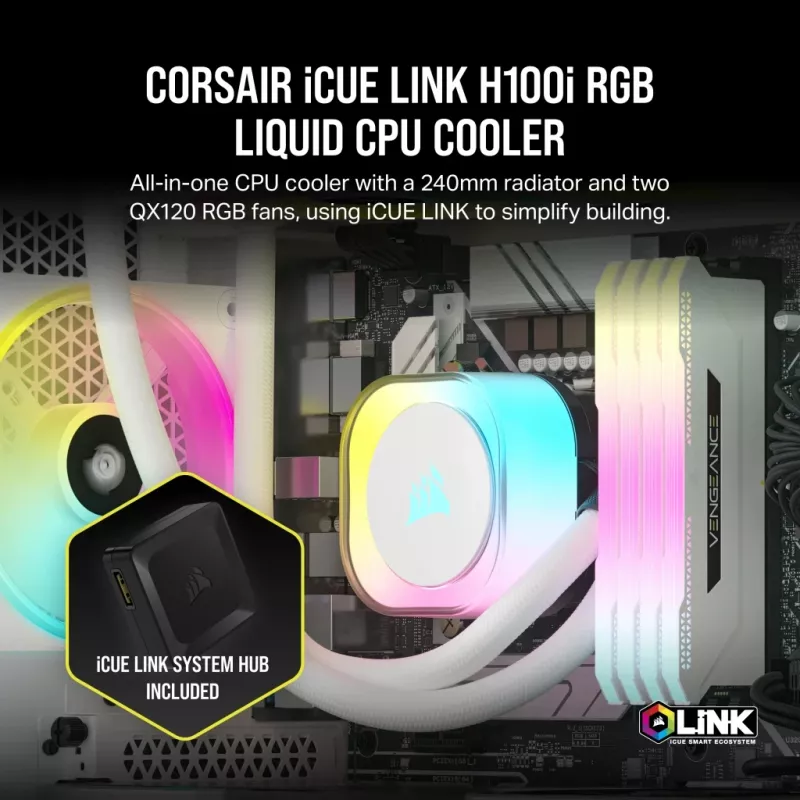 CORSAIR CPU aušintuvas - Icue Link H100I RGB skysčio aušintuvas - Baltas