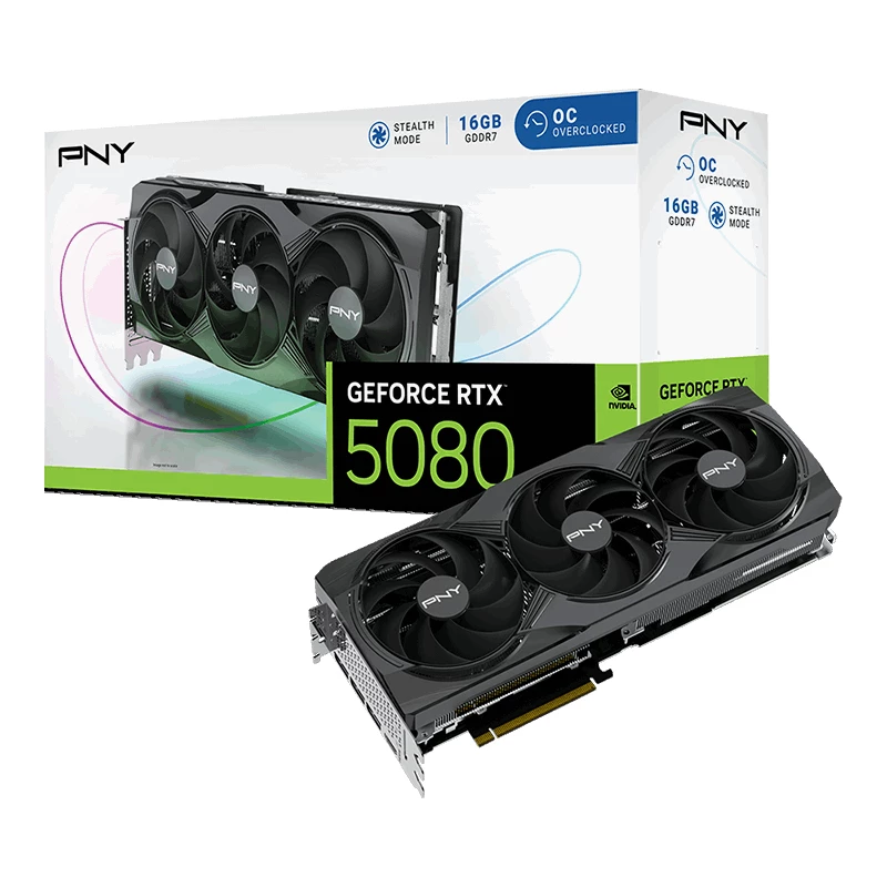 PNY GeForce RTX 5080 16GB Overclocked Triple Fan – 16 GB GDDR7, DisplayPort 2.1b / HDMI 2.1b